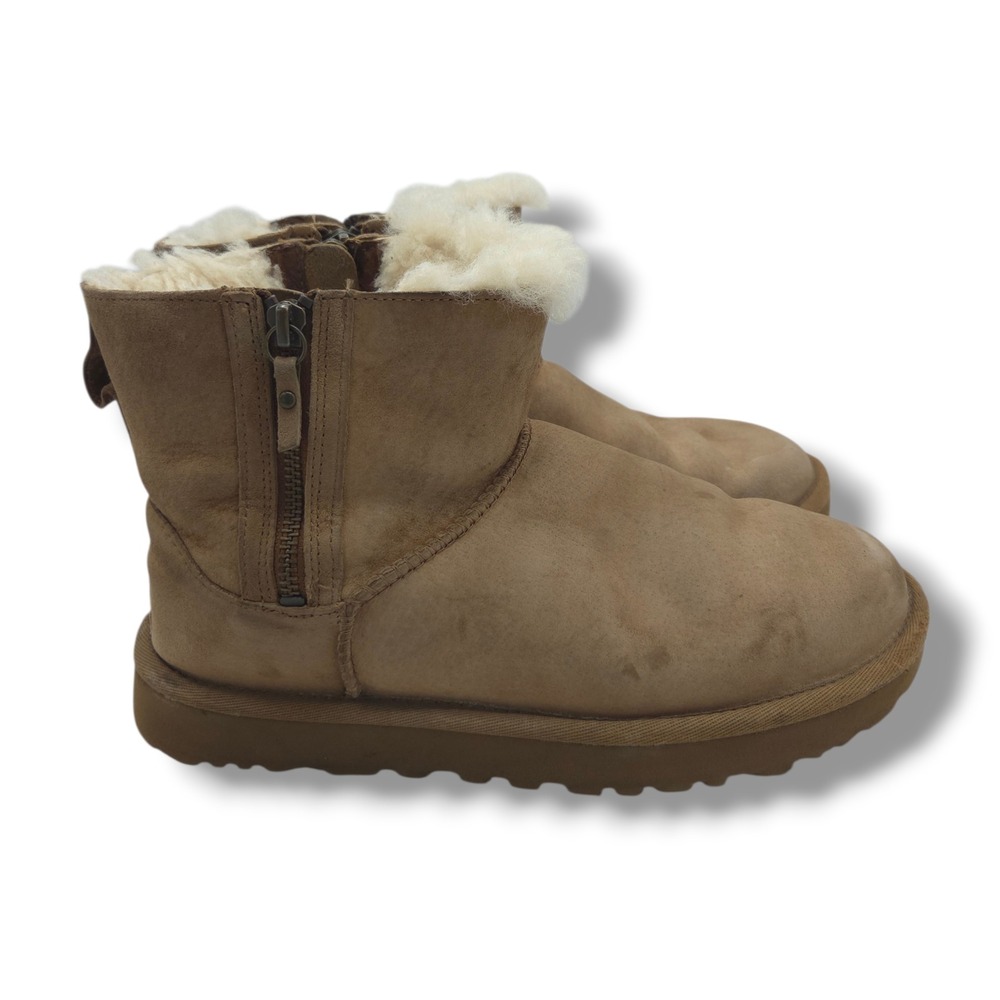 UGG Classic Mini Double Zip Boots Womens 7 Chestnut Brown Suede Sheepskin Wool